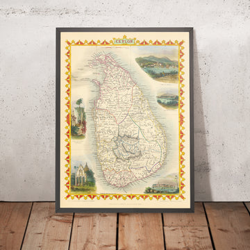 Ancienne carte du Sri Lanka par Tallis & Rapkin, 1851 : Ceylan, Colombo, Kandy, Temple du Bouddha, Ruines de Dagora 