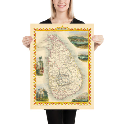 Old Map of Sri Lanka by Tallis & Rapkin, 1851: Ceylon, Colombo, Kandy, Temple of Buddha, Ruins of Dagora