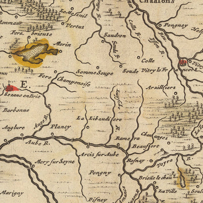 Antigua mapa de Champagne y Brie, Francia por Nicolaes Visscher II, 1690: Reims, Dijon, Metz, Nancy, Parque Forestal Orient 