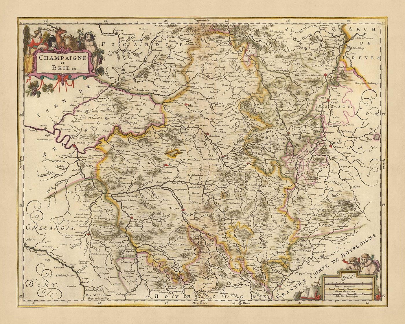 Antigua mapa de Champagne y Brie, Francia por Nicolaes Visscher II, 1690: Reims, Dijon, Metz, Nancy, Parque Forestal Orient 