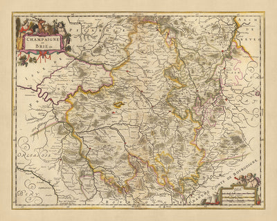 Antigua mapa de Champagne y Brie, Francia por Nicolaes Visscher II, 1690: Reims, Dijon, Metz, Nancy, Parque Forestal Orient 
