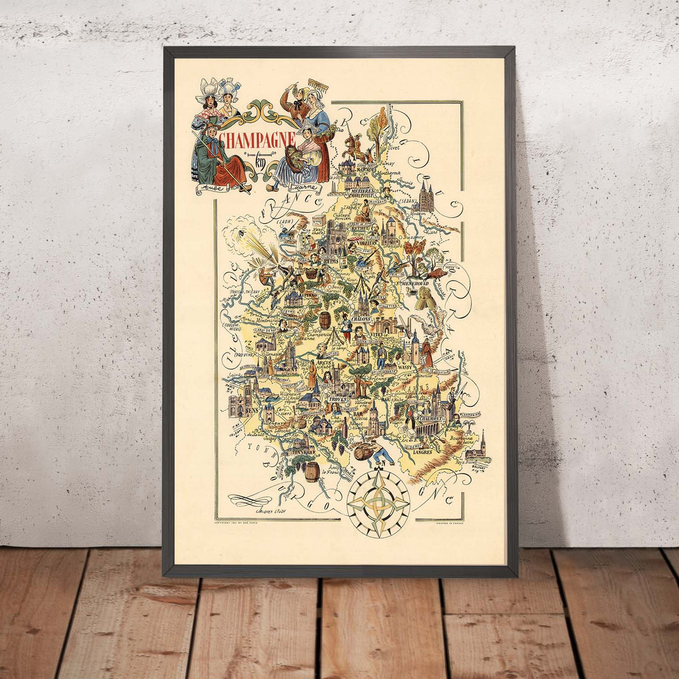 Antiguo mapa pictórico de Champaña de Liozu, 1951: Reims, Troyes, río Marne, bosque de las Ardenas, bosque de Argonne.