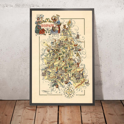 Antiguo mapa pictórico de Champaña de Liozu, 1951: Reims, Troyes, río Marne, bosque de las Ardenas, bosque de Argonne.