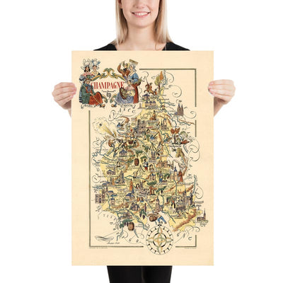 Antiguo mapa pictórico de Champaña de Liozu, 1951: Reims, Troyes, río Marne, bosque de las Ardenas, bosque de Argonne.