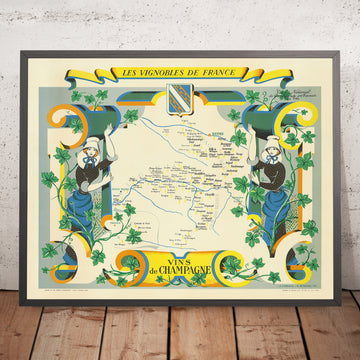 Mappa del Vino Antico della Regione Champagne di Hetreau, 1954: Reims, Troyes, Epernay, Fiume Marna, Vigneti 