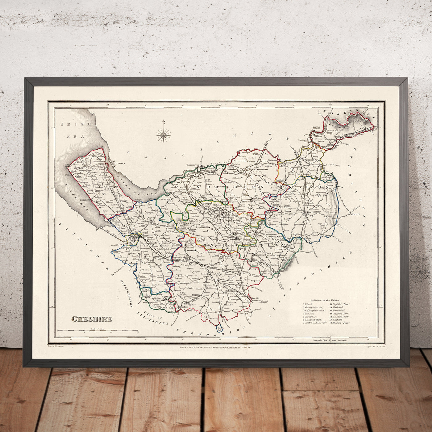 Ancienne carte du Cheshire par Samuel Lewis, 1844 : Warrington, Stockport, Chester, Macclesfield et Crewe 