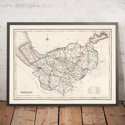 Ancienne carte du Cheshire par Samuel Lewis, 1844 : Warrington, Stockport, Chester, Macclesfield et Crewe 