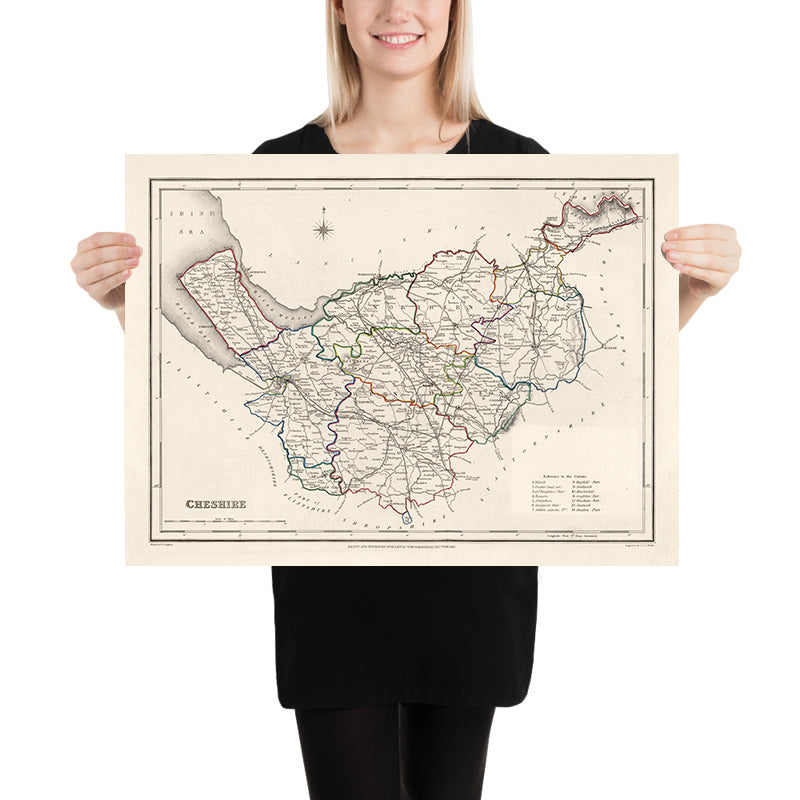 Ancienne carte du Cheshire par Samuel Lewis, 1844 : Warrington, Stockport, Chester, Macclesfield et Crewe 