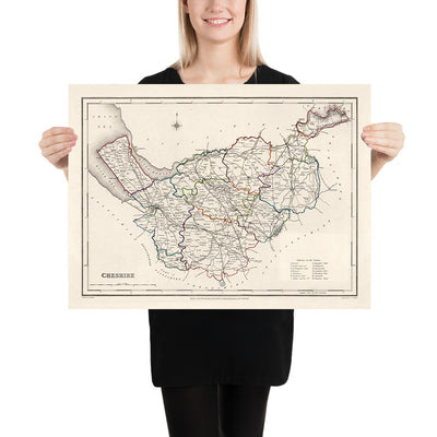 Ancienne carte du Cheshire par Samuel Lewis, 1844 : Warrington, Stockport, Chester, Macclesfield et Crewe 