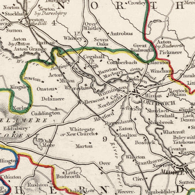 Ancienne carte du Cheshire par Samuel Lewis, 1844 : Warrington, Stockport, Chester, Macclesfield et Crewe 