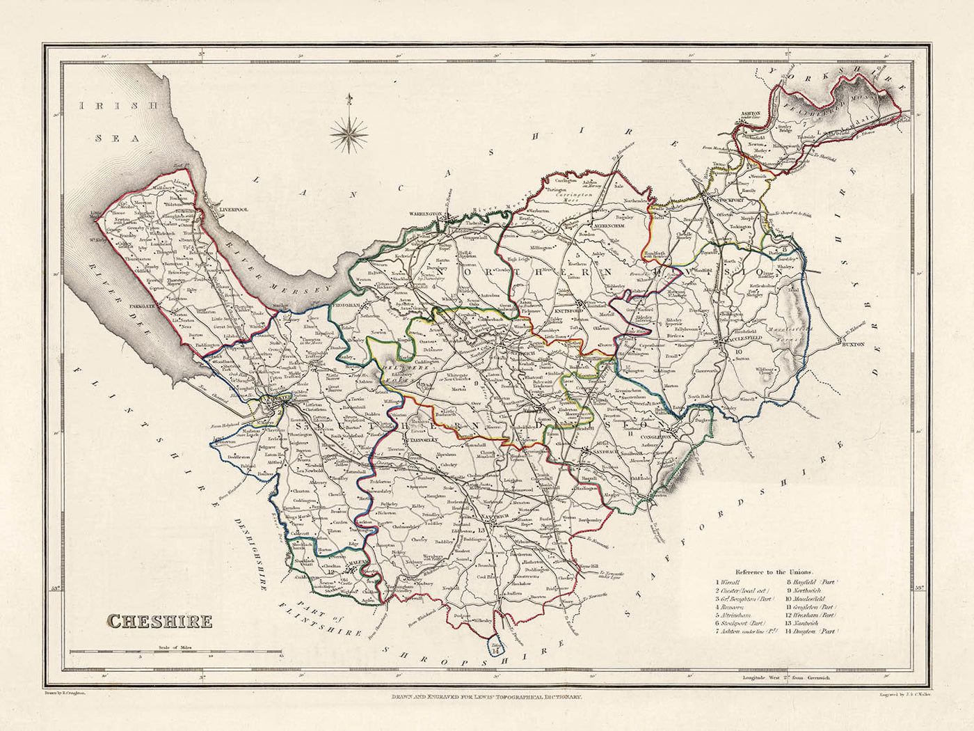 Ancienne carte du Cheshire par Samuel Lewis, 1844 : Warrington, Stockport, Chester, Macclesfield et Crewe 