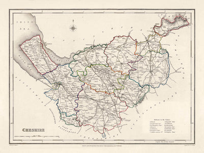 Ancienne carte du Cheshire par Samuel Lewis, 1844 : Warrington, Stockport, Chester, Macclesfield et Crewe 