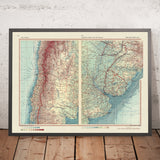 Mapa antiguo de Chile, Argentina y Uruguay, 1967: Santiago, Buenos Aires, Montevideo, Andes, Pampas