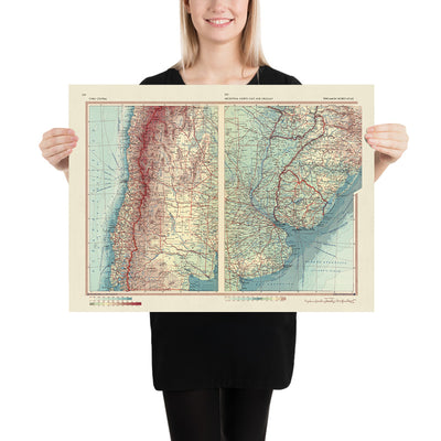 Old Map of Chile, Argentina, and Uruguay, 1967: Santiago, Buenos Aires, Montevideo, Andes, Pampas
