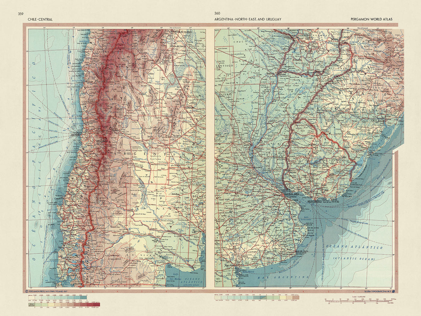 Old Map of Chile, Argentina, and Uruguay, 1967: Santiago, Buenos Aires, Montevideo, Andes, Pampas