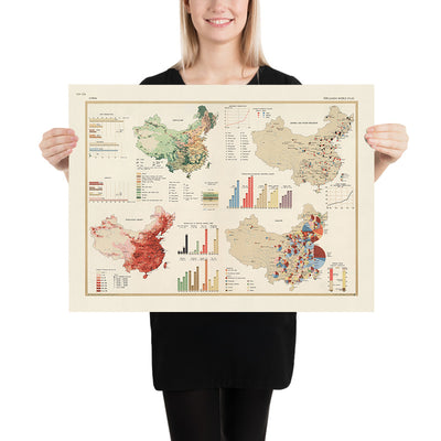 Ancienne carte infographique de la Chine, 1967 : Agriculture, Industrie et Commerce 
