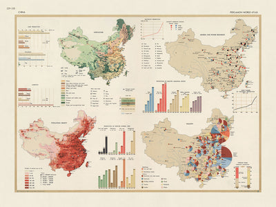 Ancienne carte infographique de la Chine, 1967 : Agriculture, Industrie et Commerce 