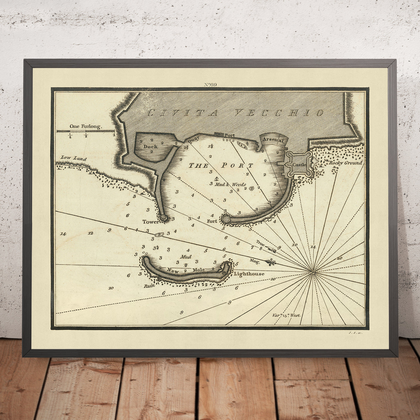 Vieja Civitavecchia, Italia Carta Náutica por Heather, 1802: Puerto, Castillo, Faro 