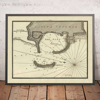 Vieja Civitavecchia, Italia Carta Náutica por Heather, 1802: Puerto, Castillo, Faro 