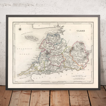 Mapa antiguo del condado de Clare por Samuel Lewis, 1844: Ennis, Kilrush, estuario de Shannon, península de Loop Head y paisaje de Burren