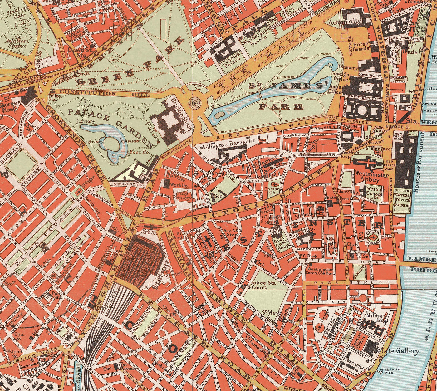 Grande carte murale de Londres par Stanford, 1905 : tableau victorien de couleur rouge 