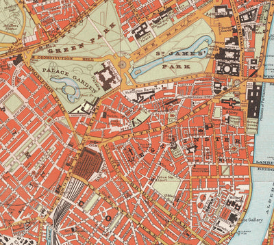 Grande carte murale de Londres par Stanford, 1905 : tableau victorien de couleur rouge 