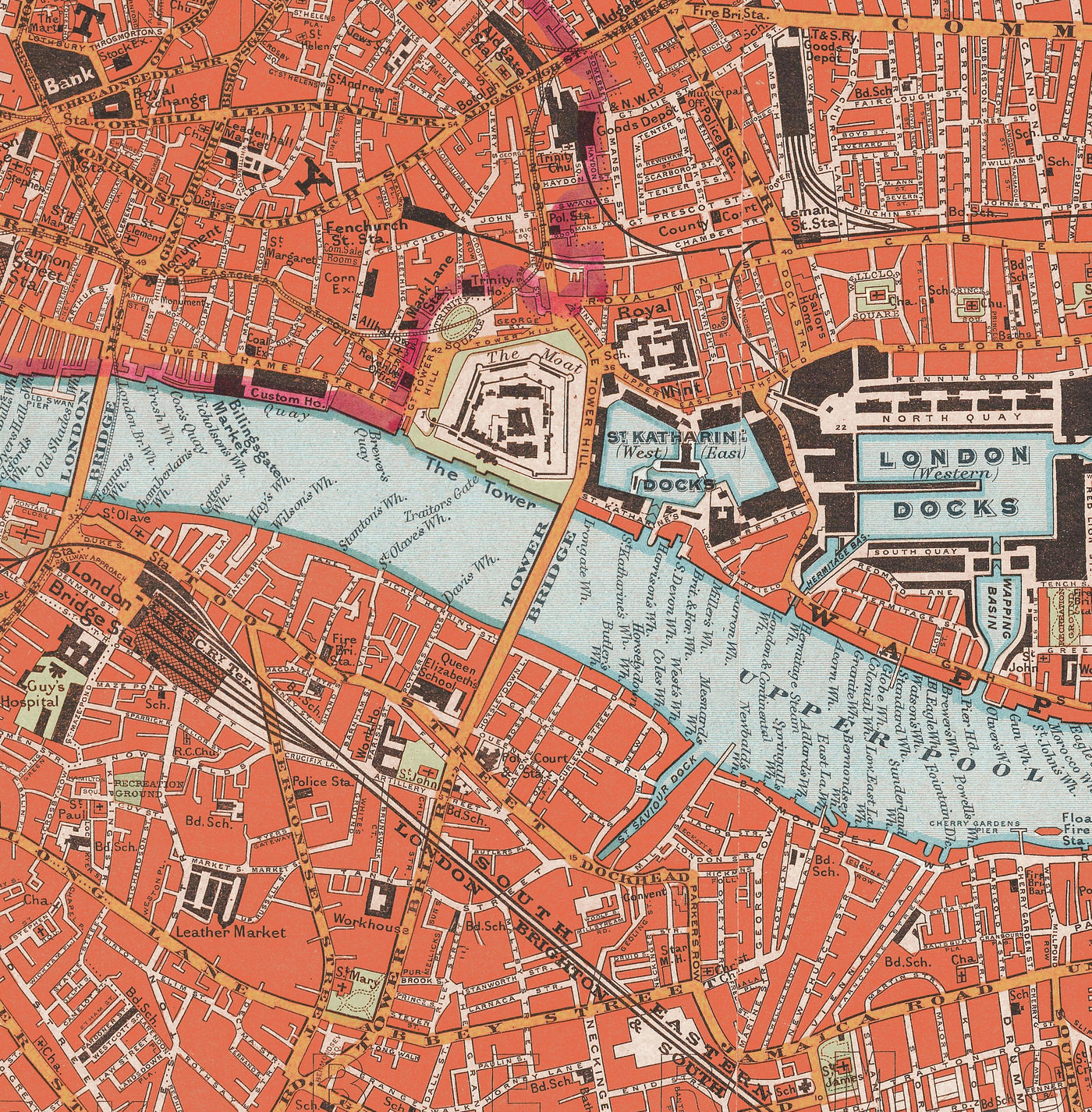 Grande carte murale de Londres par Stanford, 1905 : tableau victorien de couleur rouge 