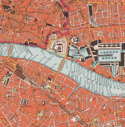 Grande carte murale de Londres par Stanford, 1905 : tableau victorien de couleur rouge 