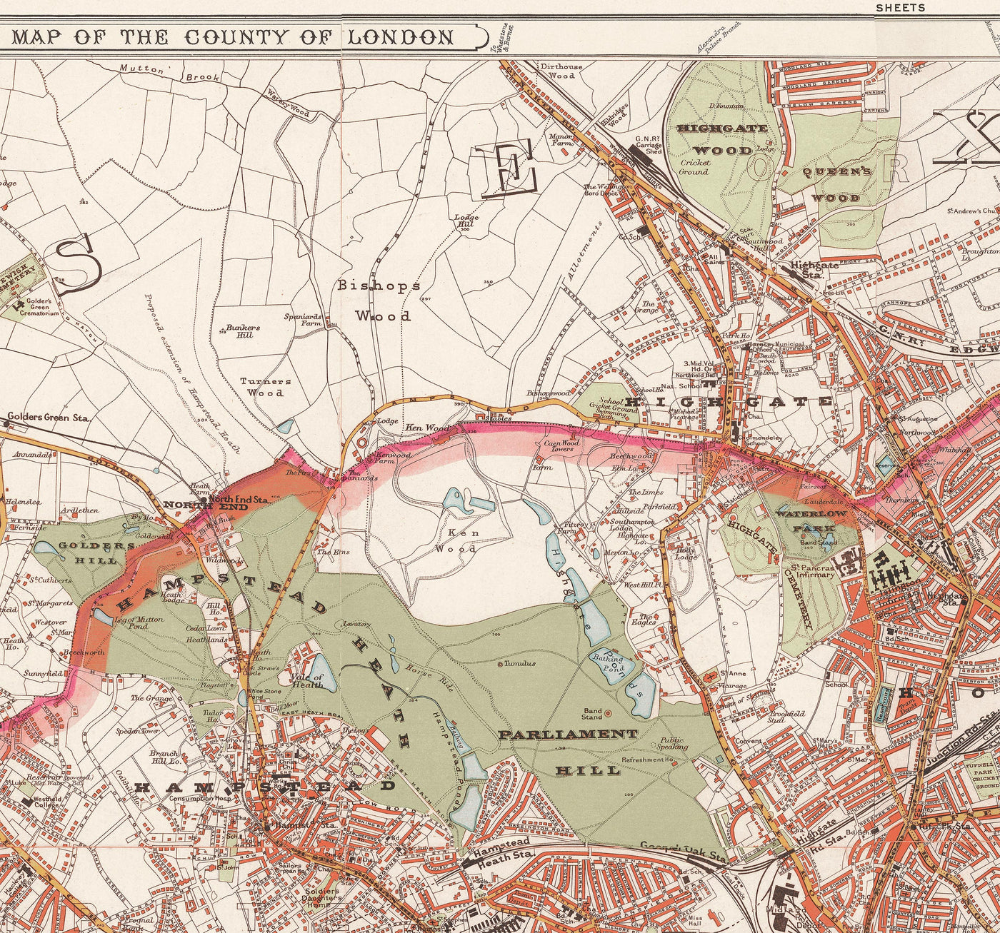 Grande carte murale de Londres par Stanford, 1905 : tableau victorien de couleur rouge 