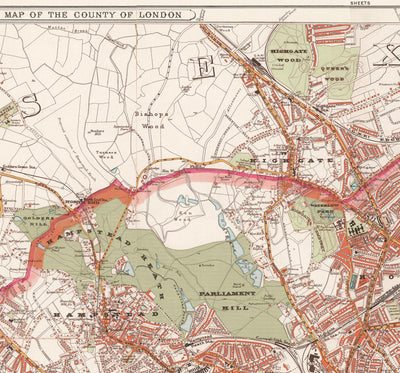 Grande carte murale de Londres par Stanford, 1905 : tableau victorien de couleur rouge 