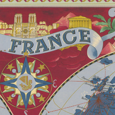 Old Surrealist World Map by Boucher, 1950: Air France Air Routes, Cultural Scenes, Sea Creatures