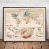 Mapa antiguo del mundo sobre la producción y el consumo de café, 1907: Rutas comerciales globales, anotaciones históricas. 