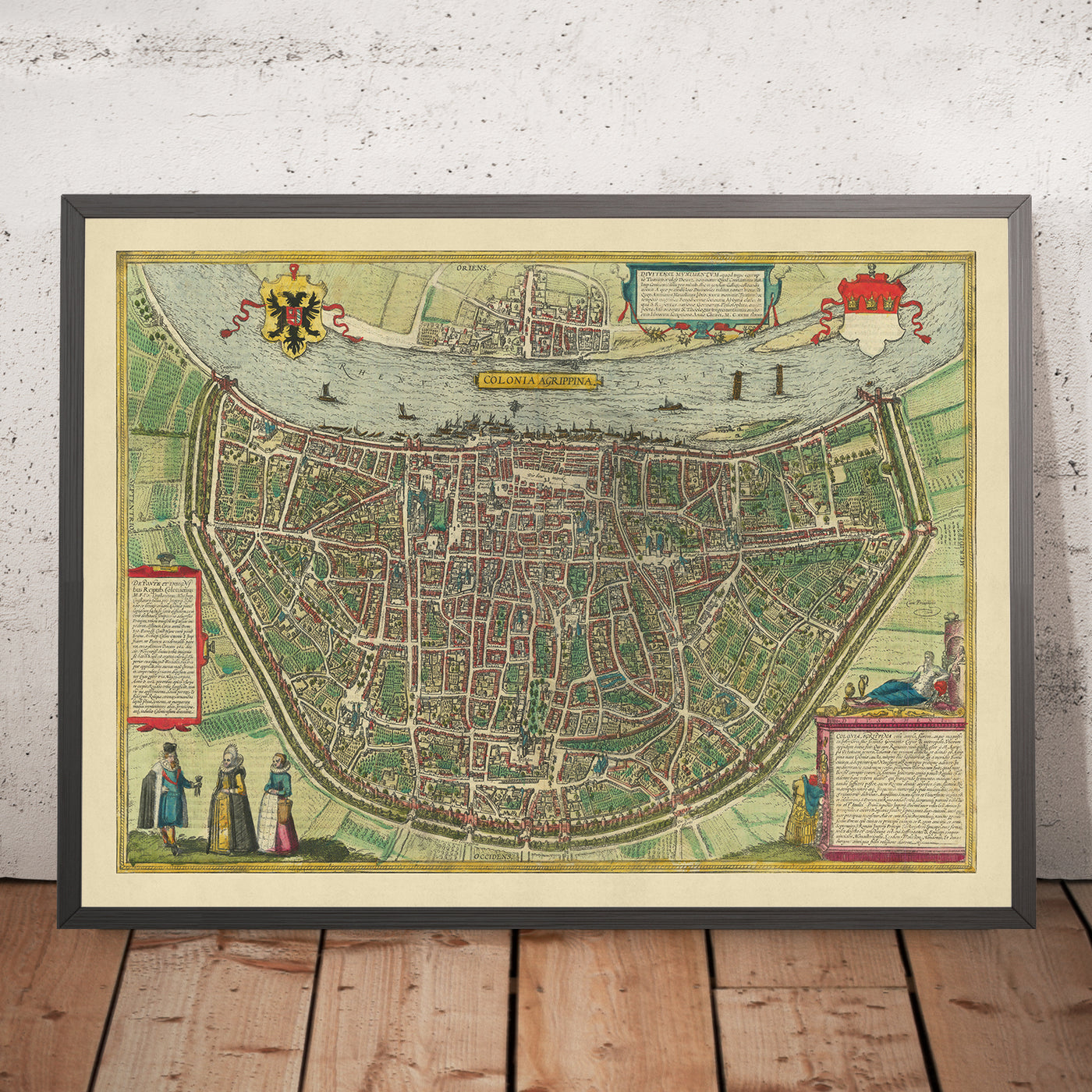 Antigua mapa Birdseye de Colonia por Braun, 1572: Catedral de Colonia, río Rin, Altstadt, Deutz, Heumarkt 