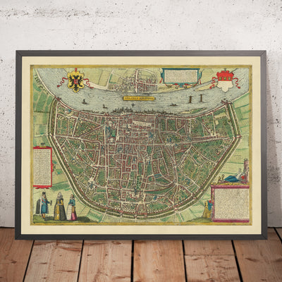 Antigua mapa Birdseye de Colonia por Braun, 1572: Catedral de Colonia, río Rin, Altstadt, Deutz, Heumarkt 