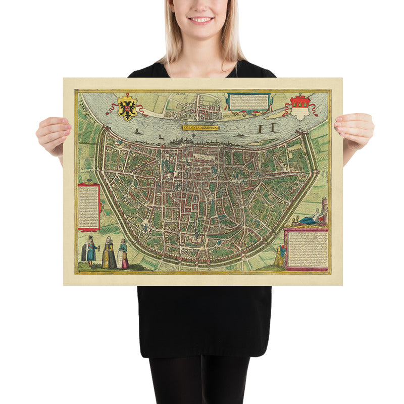 Antigua mapa Birdseye de Colonia por Braun, 1572: Catedral de Colonia, río Rin, Altstadt, Deutz, Heumarkt 