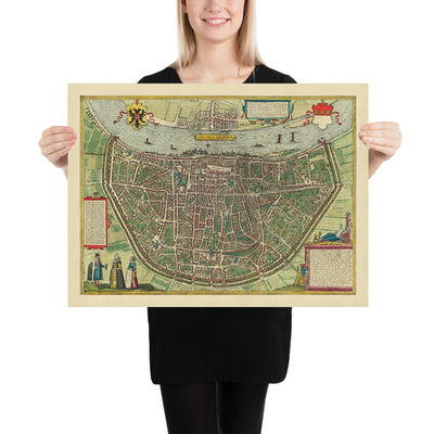 Antigua mapa Birdseye de Colonia por Braun, 1572: Catedral de Colonia, río Rin, Altstadt, Deutz, Heumarkt 