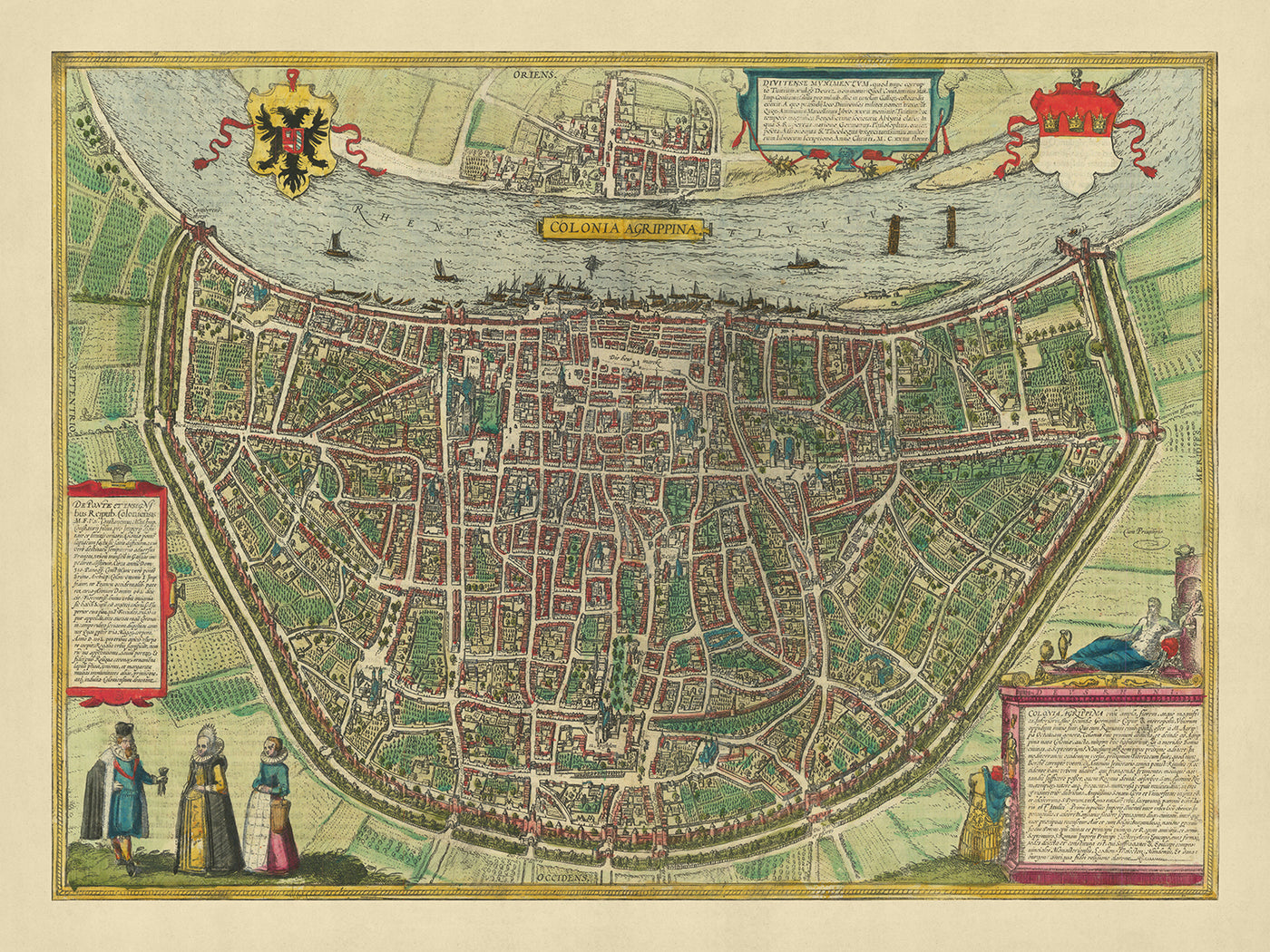 Antigua mapa Birdseye de Colonia por Braun, 1572: Catedral de Colonia, río Rin, Altstadt, Deutz, Heumarkt 