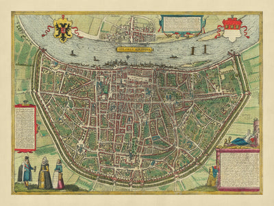 Antigua mapa Birdseye de Colonia por Braun, 1572: Catedral de Colonia, río Rin, Altstadt, Deutz, Heumarkt 
