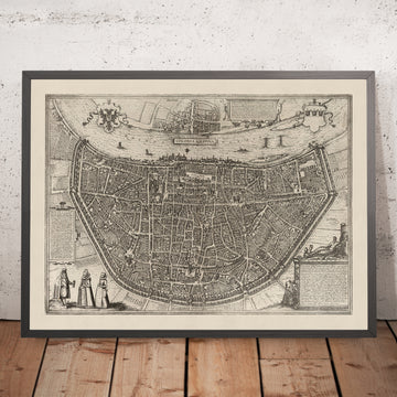 Antigua Mapa Monocromo de Colonia por Braun, 1575: Catedral, Ayuntamiento, Heumarkt, Río Rin, Murallas de la Ciudad 