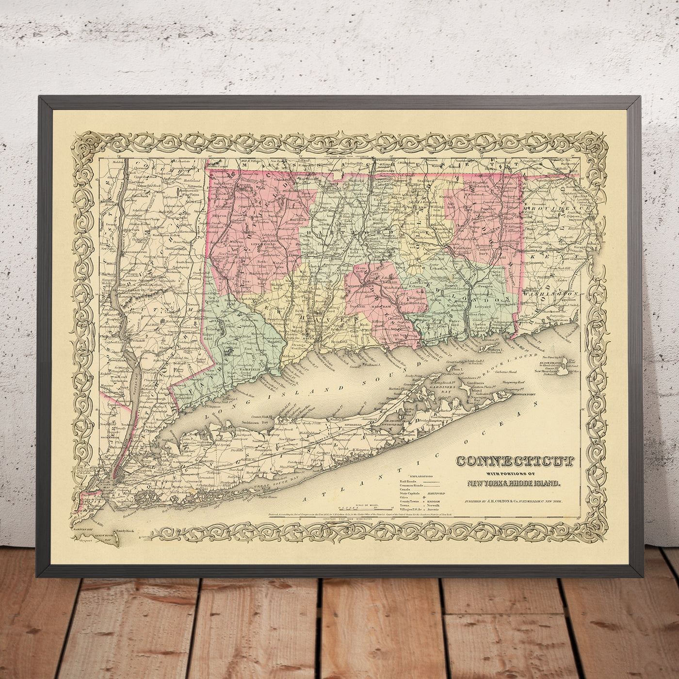 Old Map of Connecticut & Long Island by Colton, 1855: New Haven, Hartford, Bridgeport, Stamford, and New London