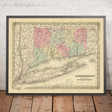 Alte Karte von Connecticut und Long Island von Colton, 1855: New Haven, Hartford, Bridgeport, Stamford und New London 