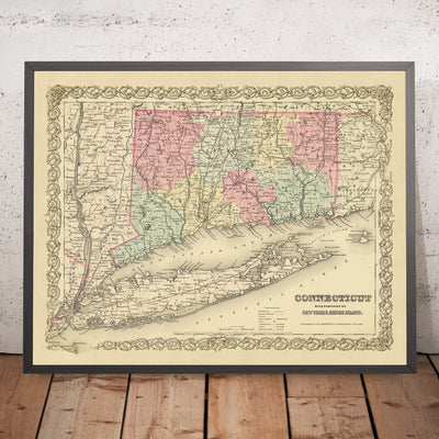 Old Map of Connecticut & Long Island by Colton, 1855: New Haven, Hartford, Bridgeport, Stamford, and New London