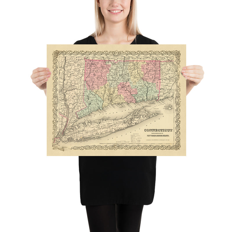 Old Map of Connecticut & Long Island by Colton, 1855: New Haven, Hartford, Bridgeport, Stamford, and New London