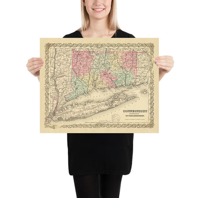 Old Map of Connecticut & Long Island by Colton, 1855: New Haven, Hartford, Bridgeport, Stamford, and New London