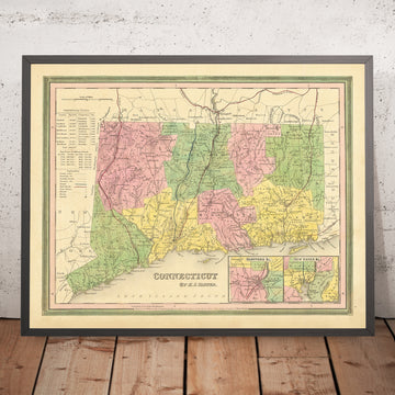 Old Map of Connecticut by HS Tanner, 1839: Hartford, New Haven, Litchfield, New London, and Middletown