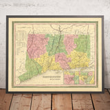 Alte Karte von Connecticut von HS Tanner, 1839: Hartford, New Haven, Litchfield, New London und Middletown 