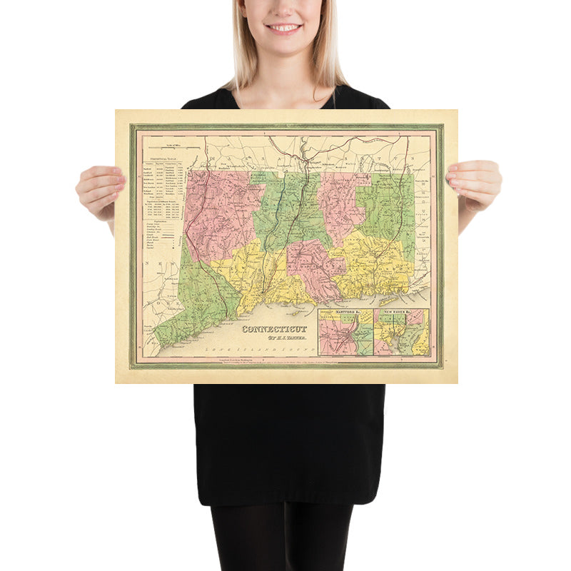 Mapa antiguo de Connecticut por HS Tanner, 1839: Hartford, New Haven, Litchfield, New London y Middletown