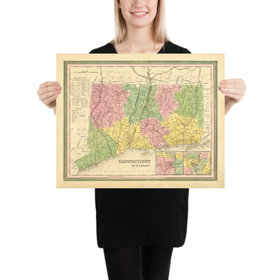 Mapa antiguo de Connecticut por HS Tanner, 1839: Hartford, New Haven, Litchfield, New London y Middletown