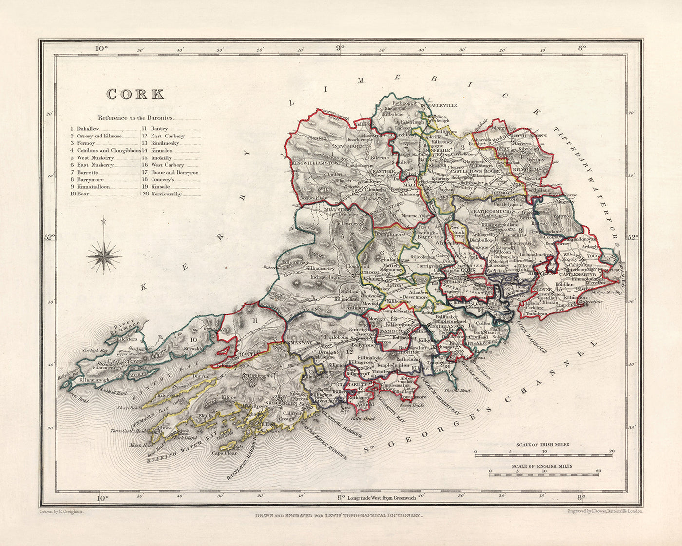 Alte Karte des County Cork von Samuel Lewis, 1844: Cobh, Kinsale, Blarney Castle, Fota House, Mizen Head 