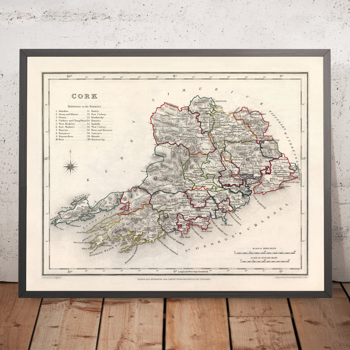 Alte Karte des County Cork von Samuel Lewis, 1844: Cobh, Kinsale, Blarney Castle, Fota House, Mizen Head 